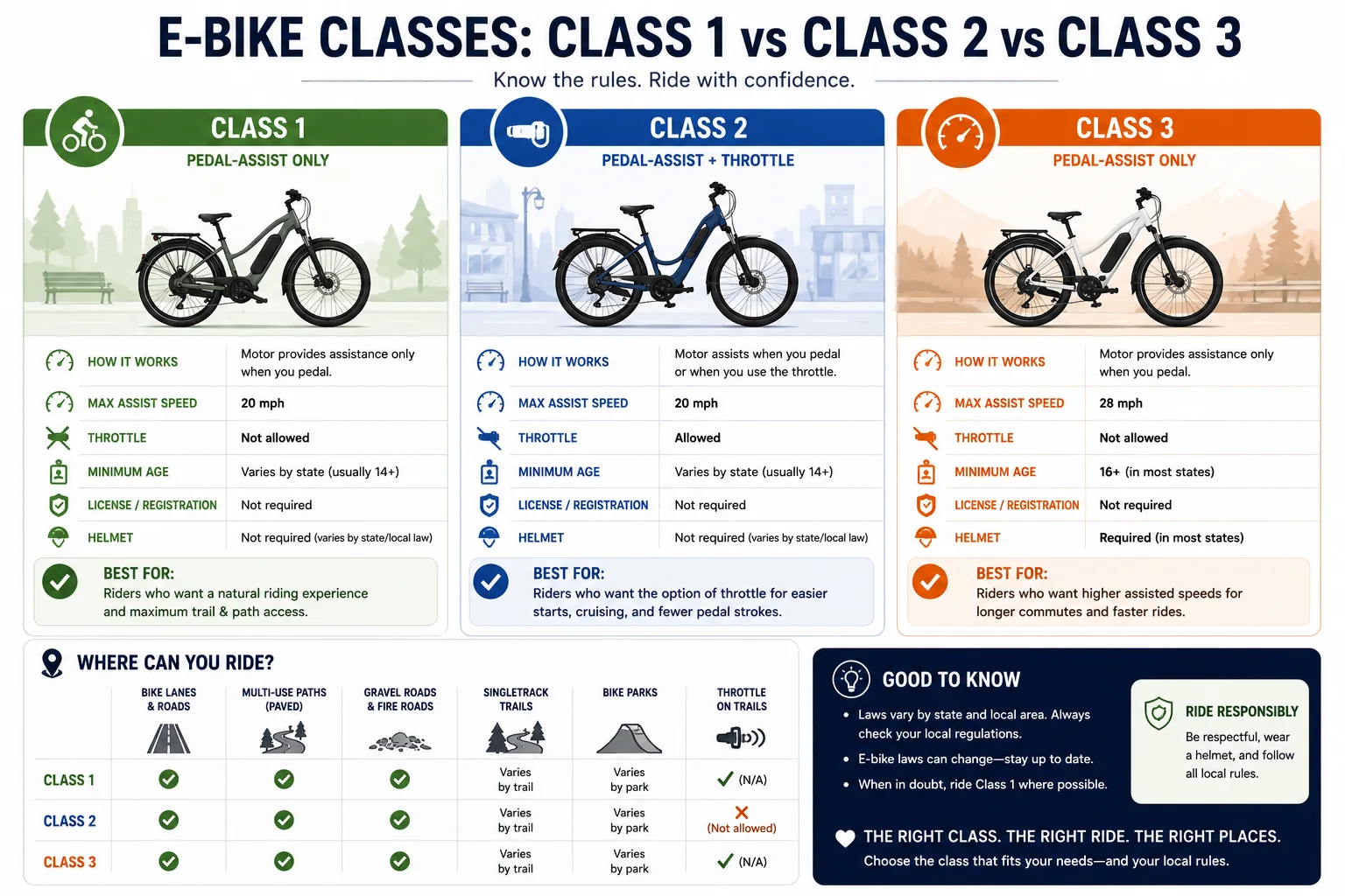 E-bike classes guide comparing Class 1, Class 2, and Class 3 electric bikes by pedal assist, throttle, max assist speed, and access rules