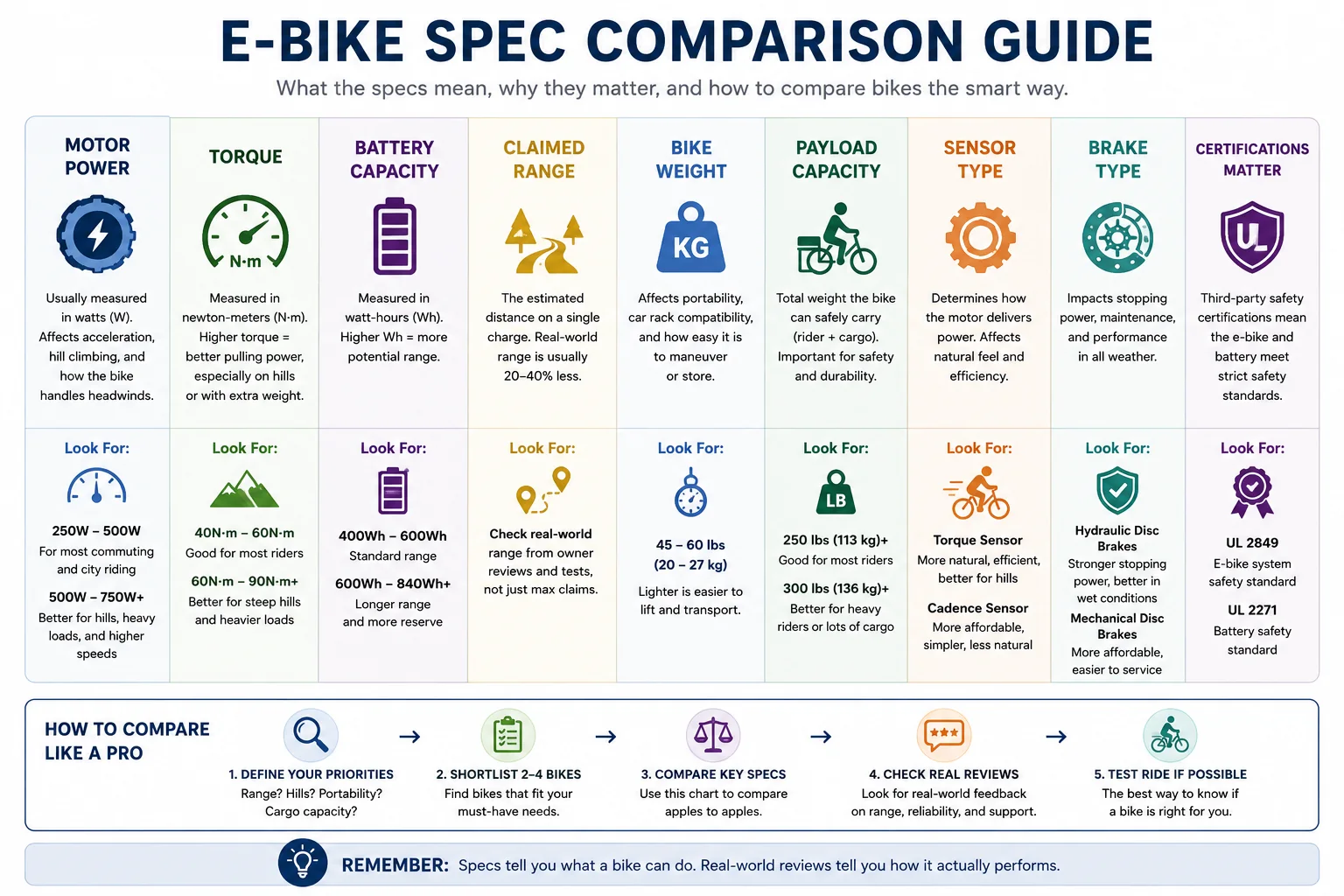 E-bike spec comparison guide explaining motor power, torque, battery capacity, claimed range, bike weight, payload, sensors, brakes, and safety certifications