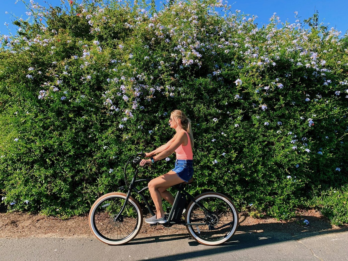 Relaxed cruiser-style e-bike rider on a sunny path
